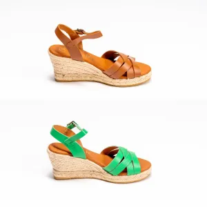 5486 Spanish leather crossed strappy wedge in green and tan