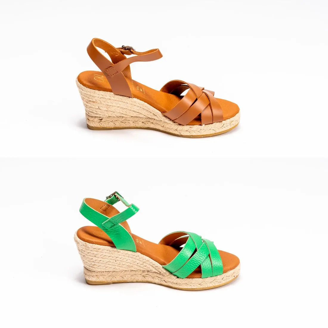 5486 Spanish leather crossed strappy wedge in green and tan