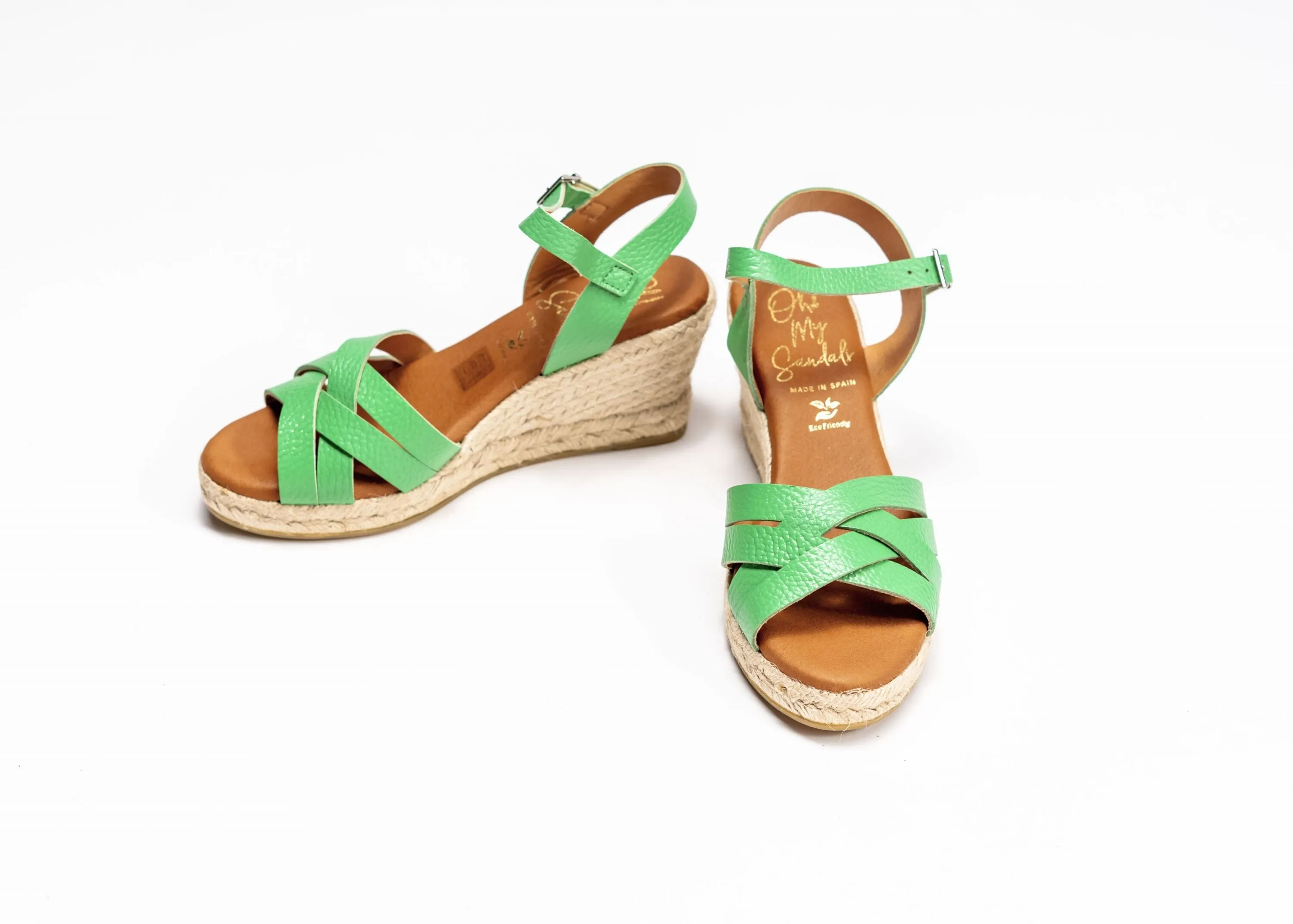 5486 Spanish leather crossed strappy wedge in green and tan