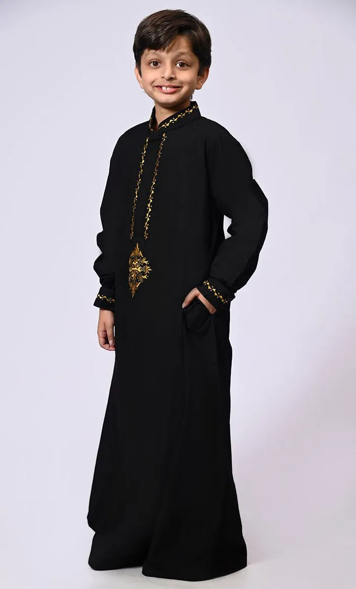 Artisanal Embroidery: Boy's Black Embroidered Thobe With Pockets - Final Sale