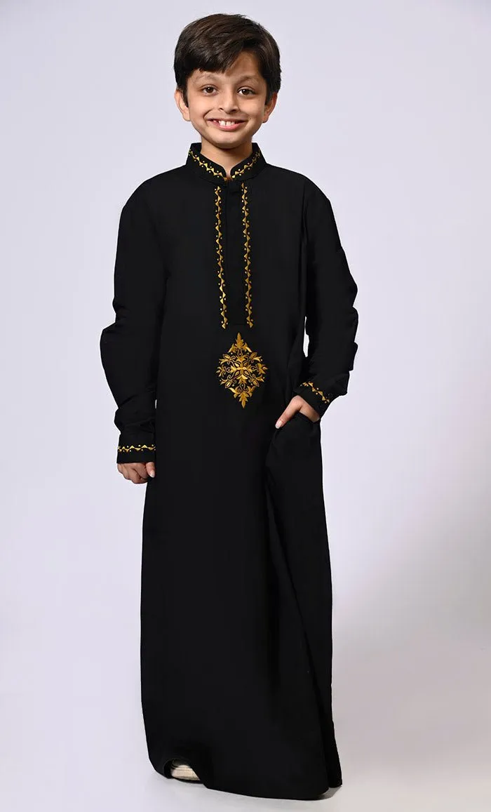 Artisanal Embroidery: Boy's Black Embroidered Thobe With Pockets