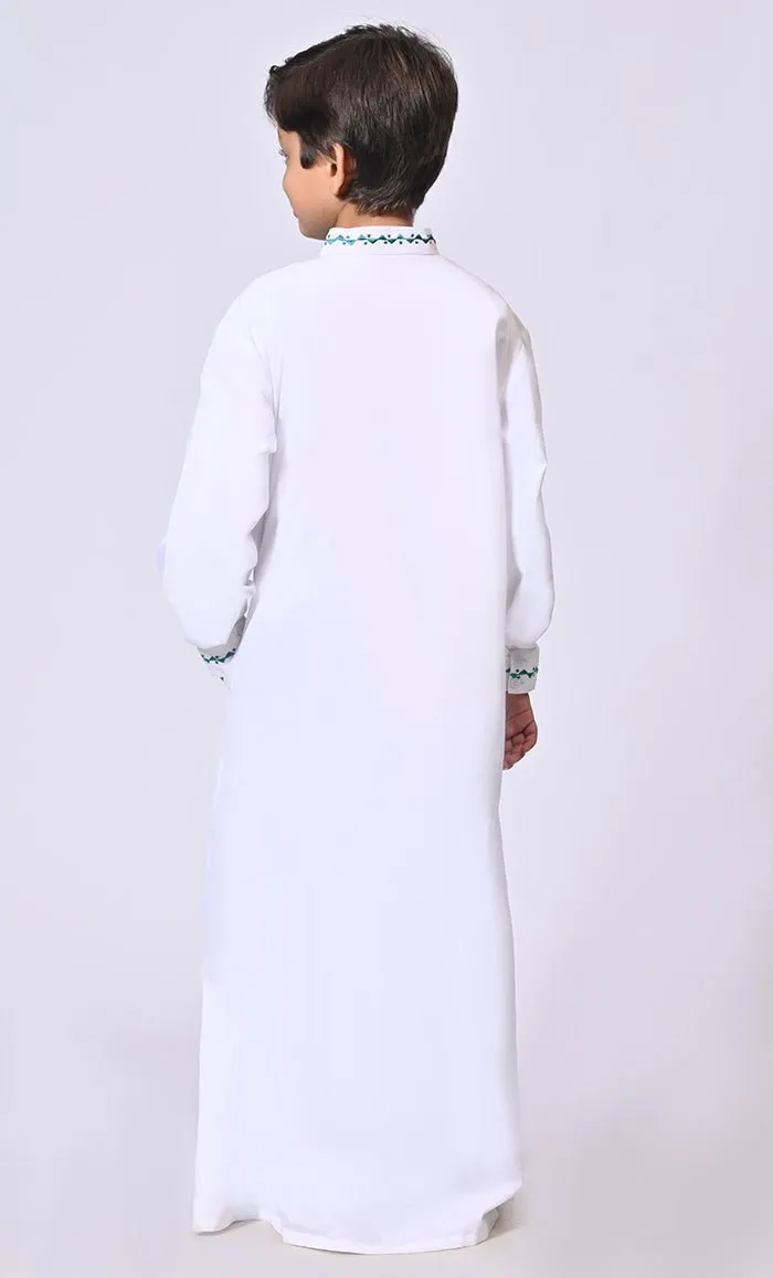 Artisanal Embroidery Boy's White Embroidered Thobe With Pockets - Final Sale