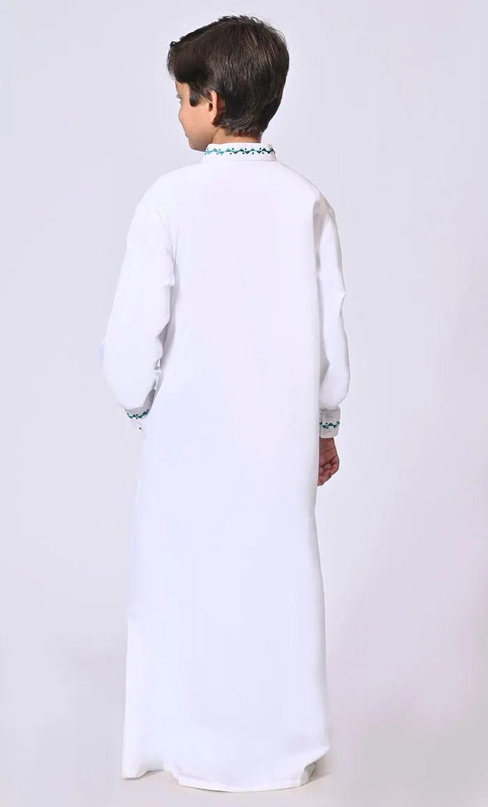 Artisanal Embroidery Boy's White Embroidered Thobe With Pockets