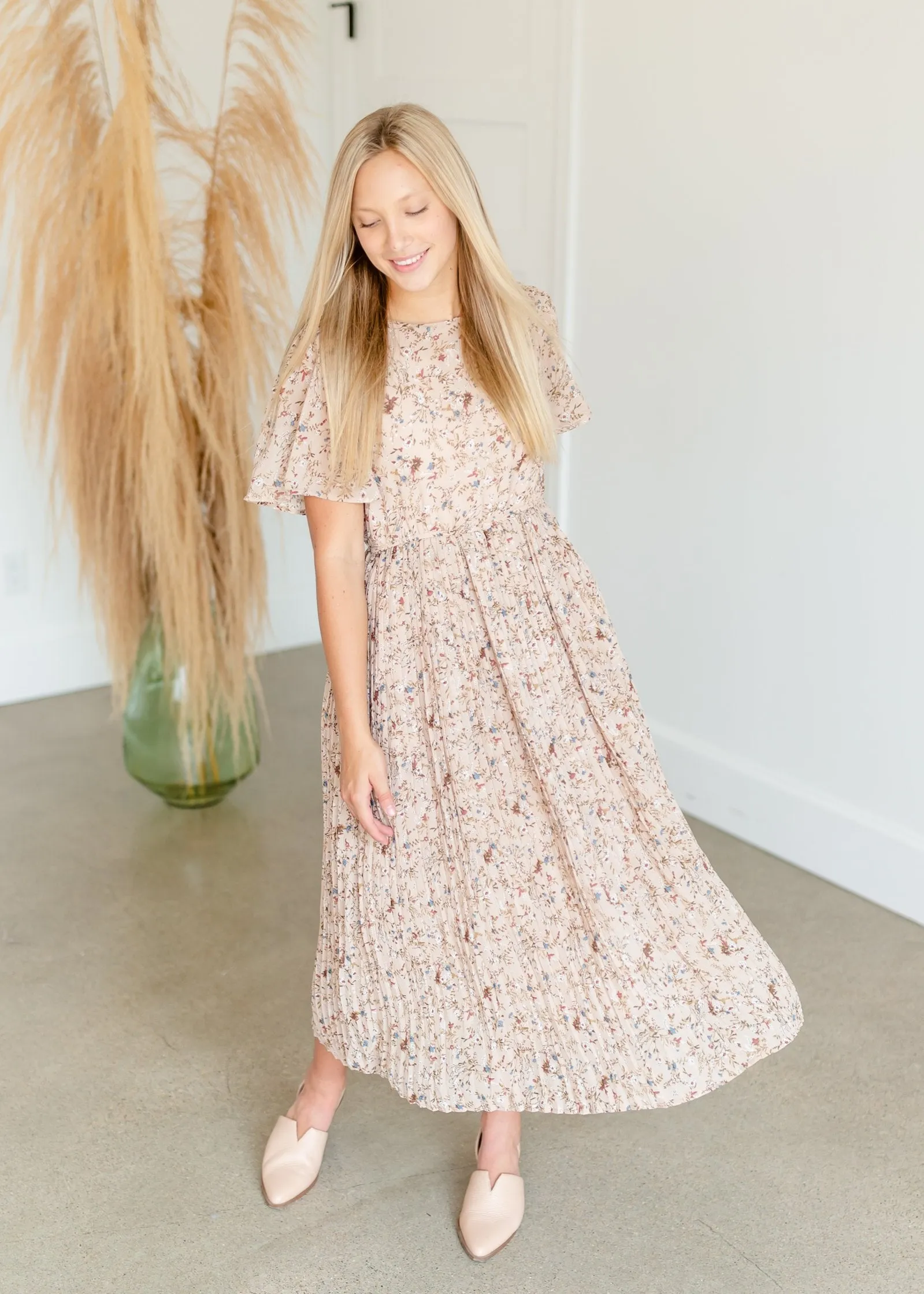 Beige Pleated Floral Midi Dress