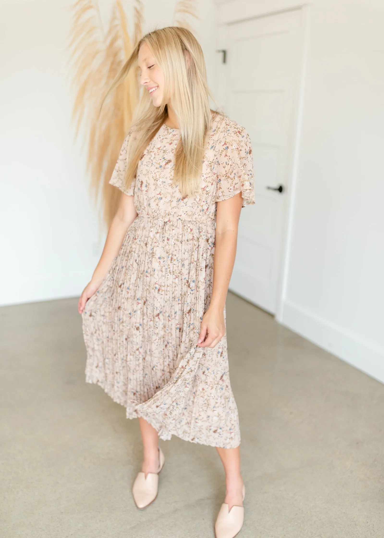 Beige Pleated Floral Midi Dress