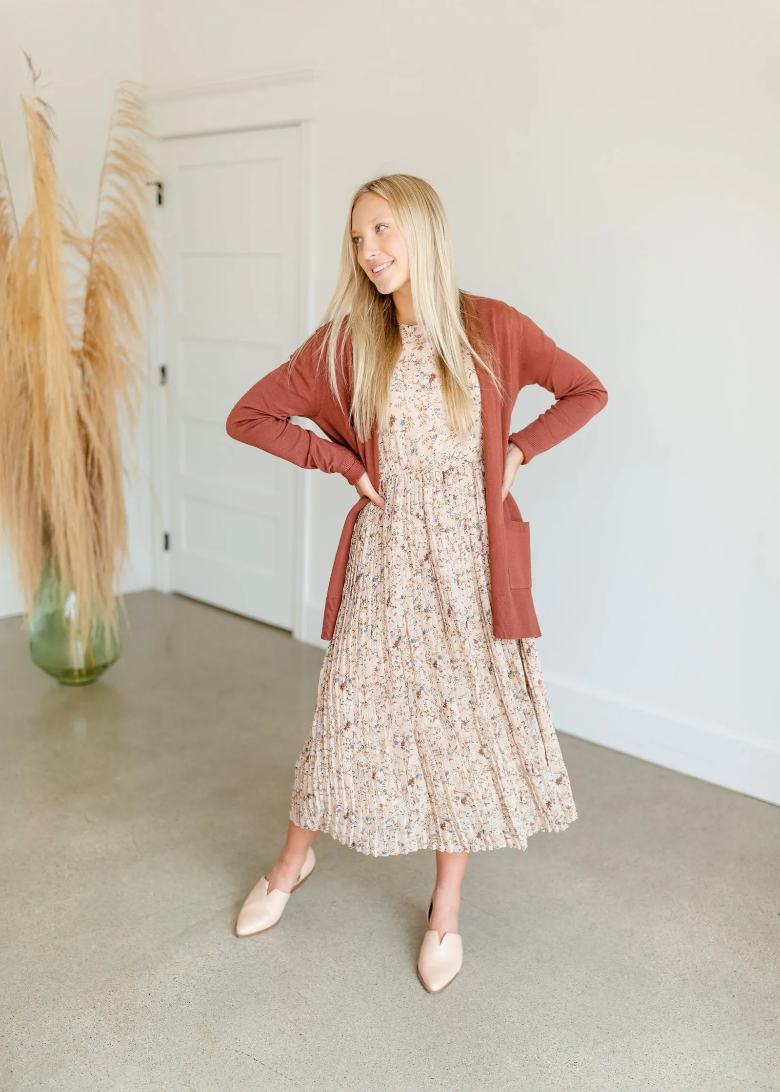 Beige Pleated Floral Midi Dress