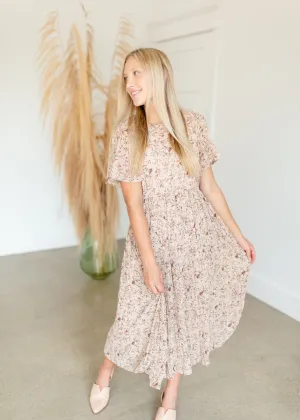 Beige Pleated Floral Midi Dress