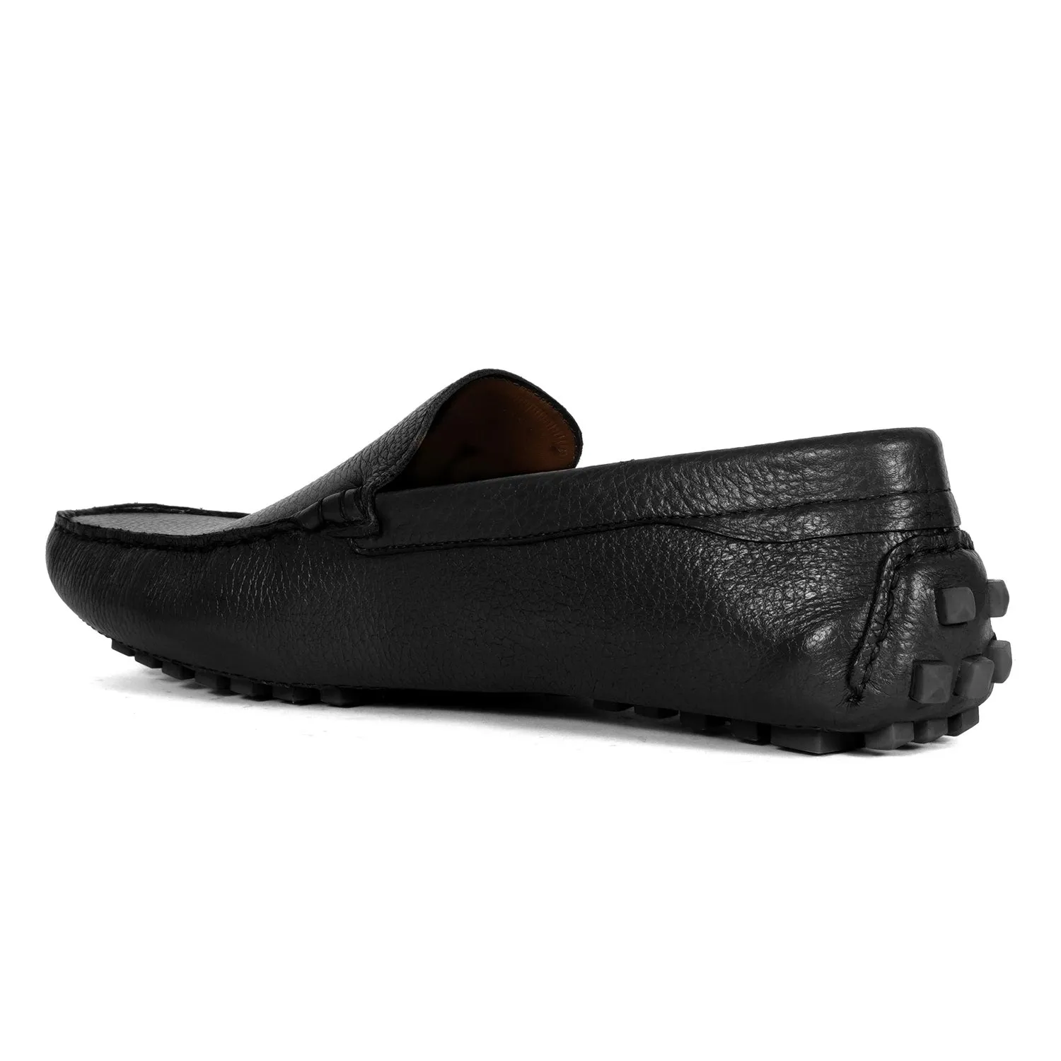 Black Textured Leather Driver Sole Loafers