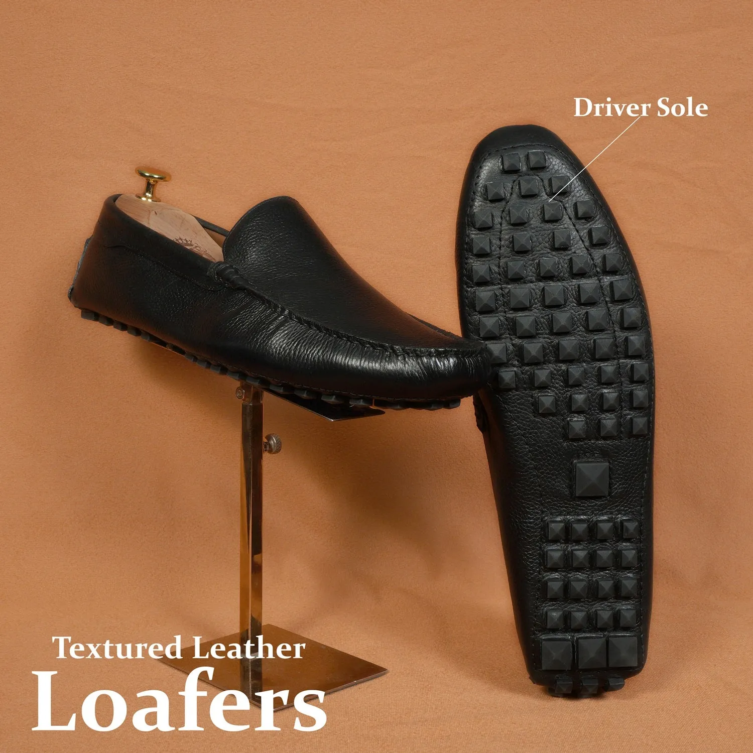 Black Textured Leather Driver Sole Loafers