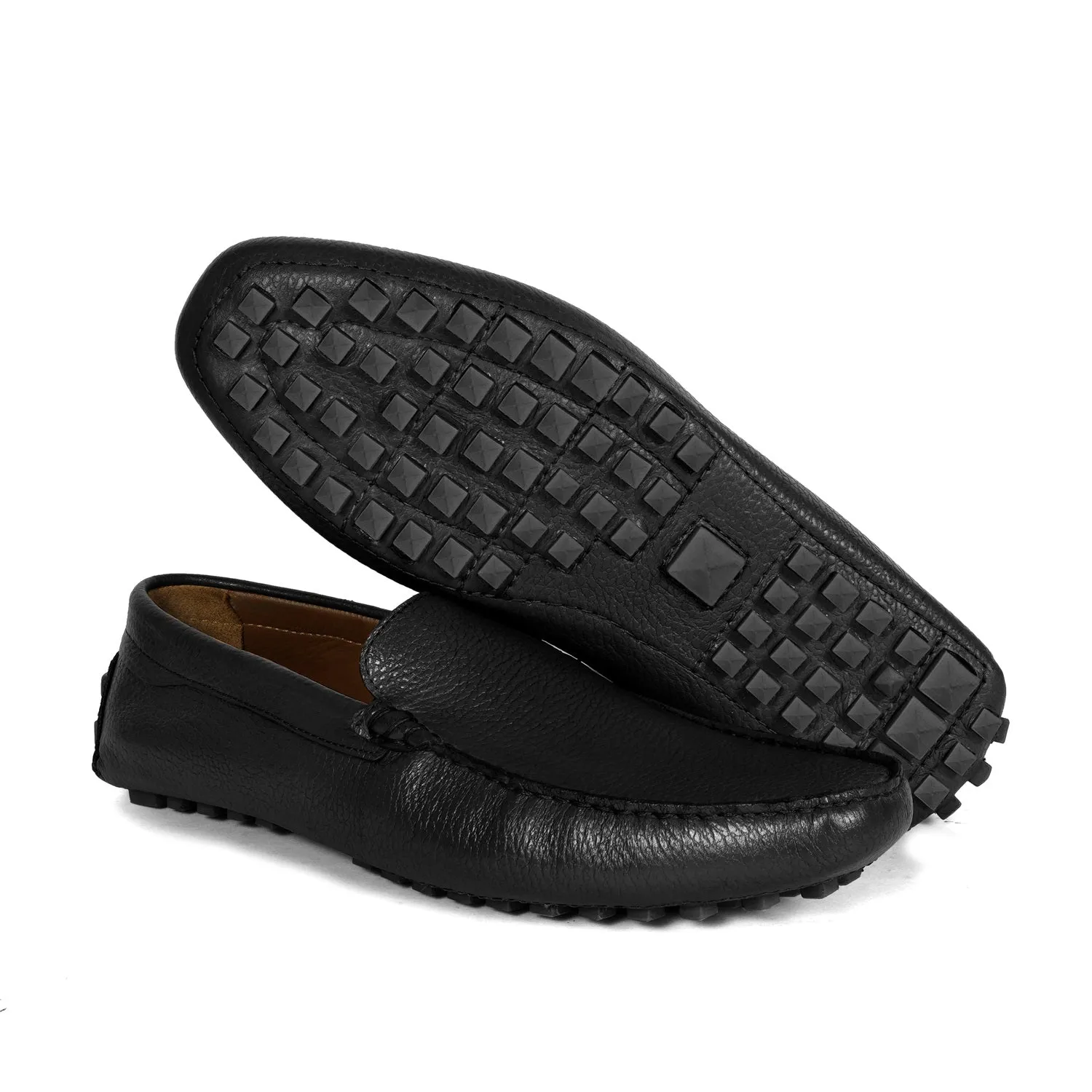 Black Textured Leather Driver Sole Loafers