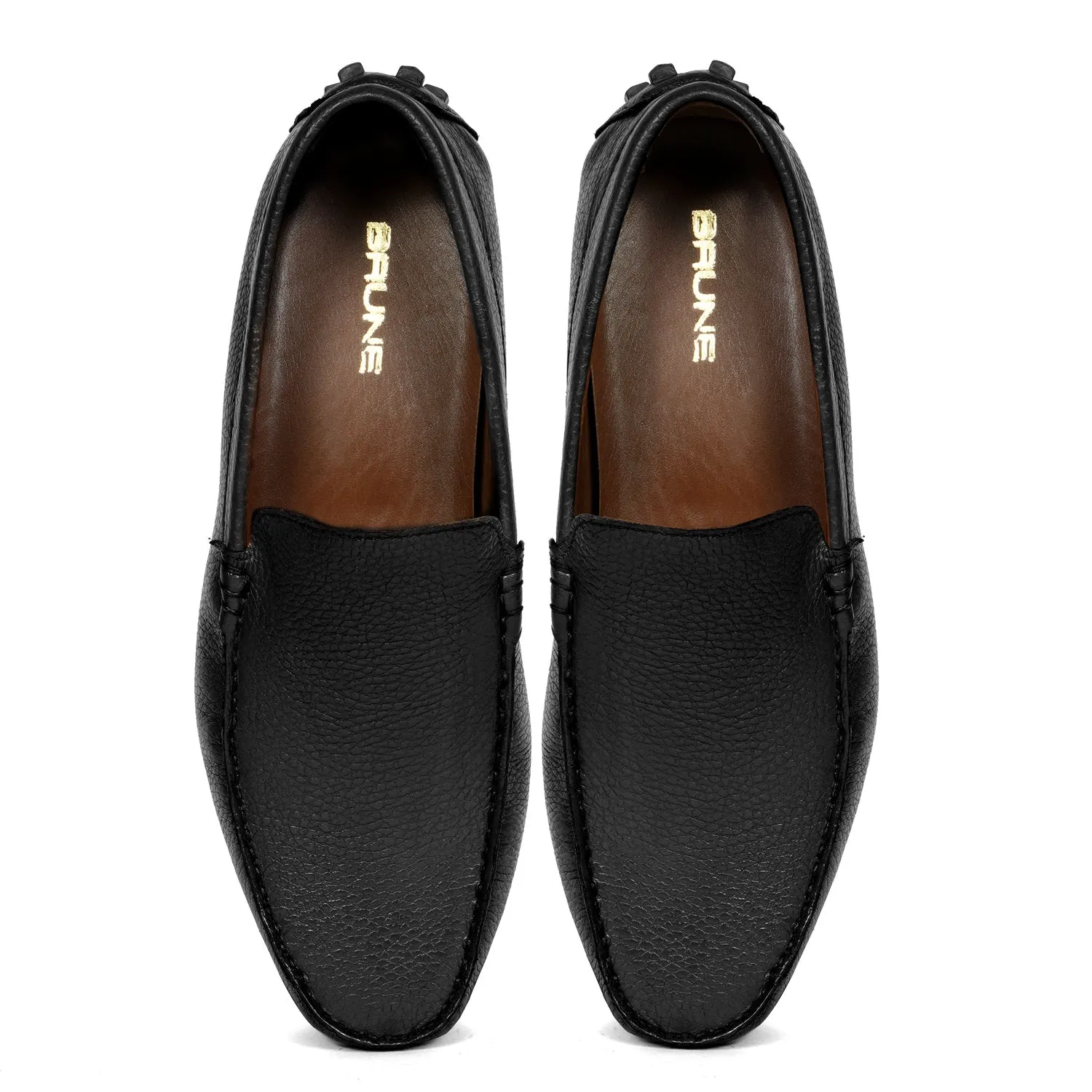 Black Textured Leather Driver Sole Loafers