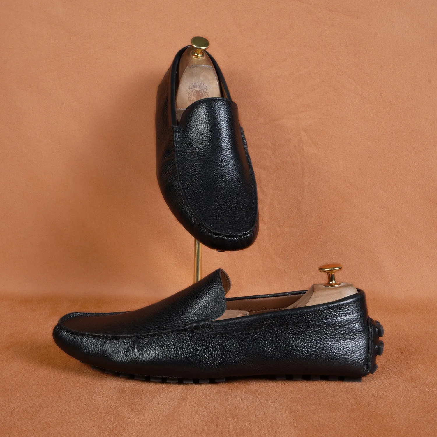 Black Textured Leather Driver Sole Loafers