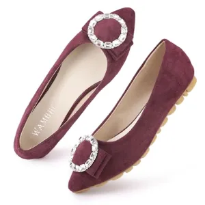 Burgundy Flats for Women Pointed Toe Rhinestone Dressy Ballet Flat Shoes Comfortable Slip on Women's Flats Size 5.5