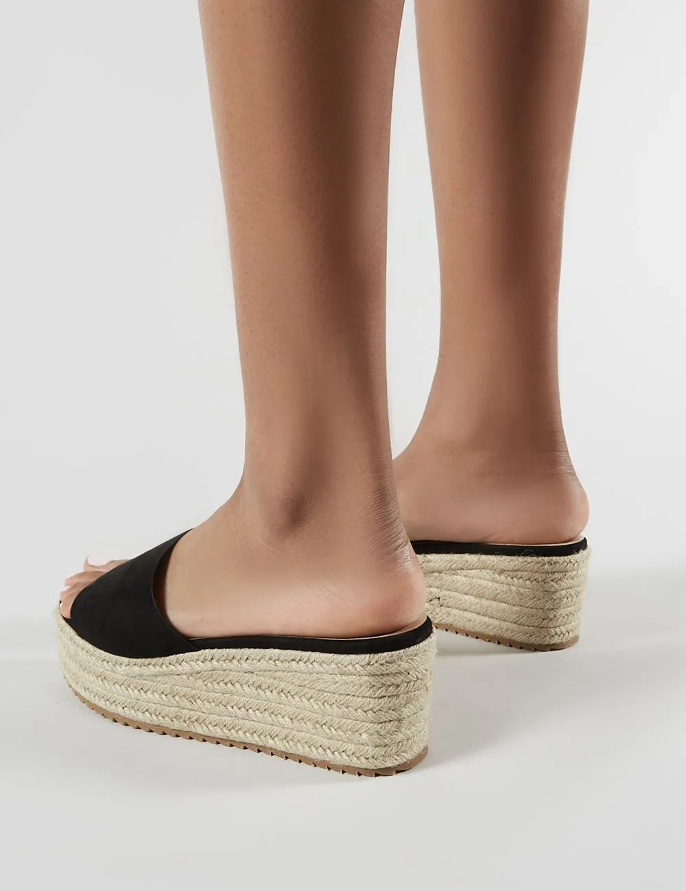 Cami Flatform Espadrille Sliders in Black Faux Suede