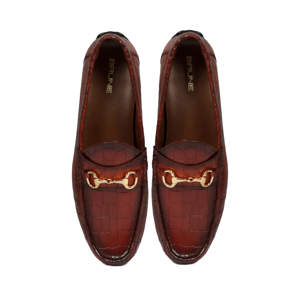 Croco Textured Driver Loafer Shoe in Cognac Leather