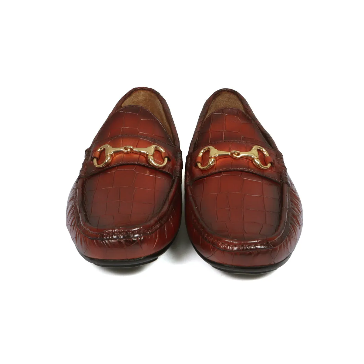 Croco Textured Driver Loafer Shoe in Cognac Leather