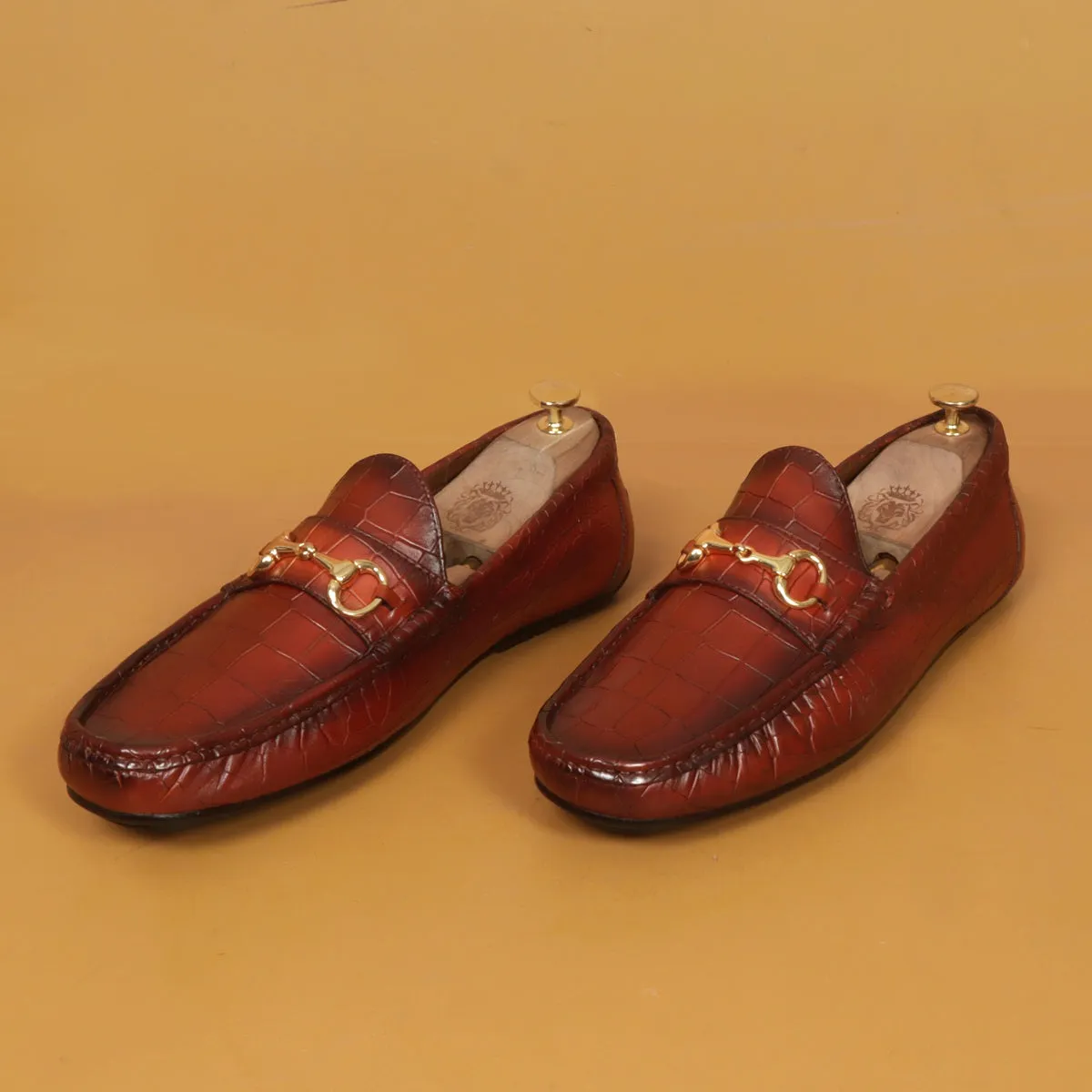 Croco Textured Driver Loafer Shoe in Cognac Leather