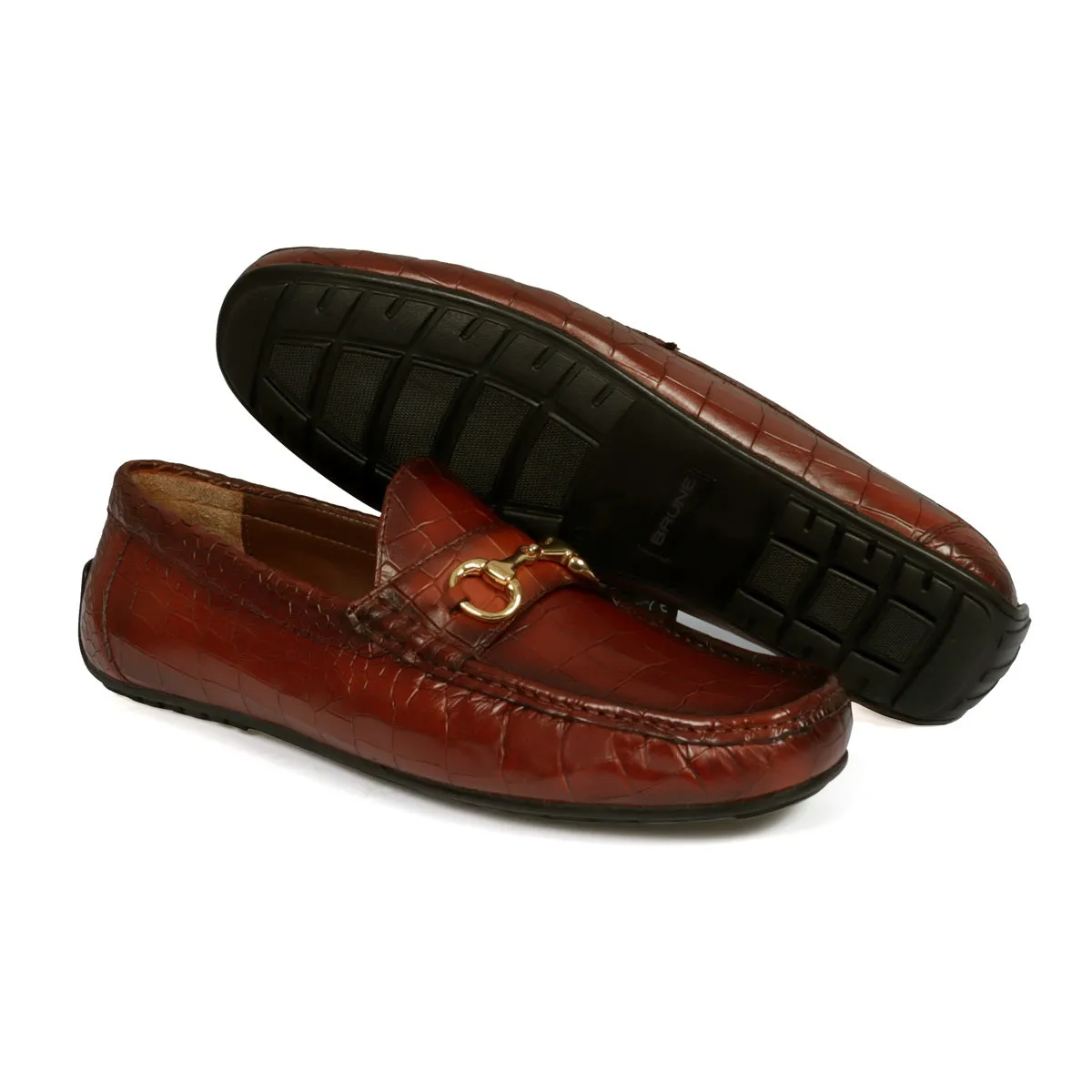 Croco Textured Driver Loafer Shoe in Cognac Leather