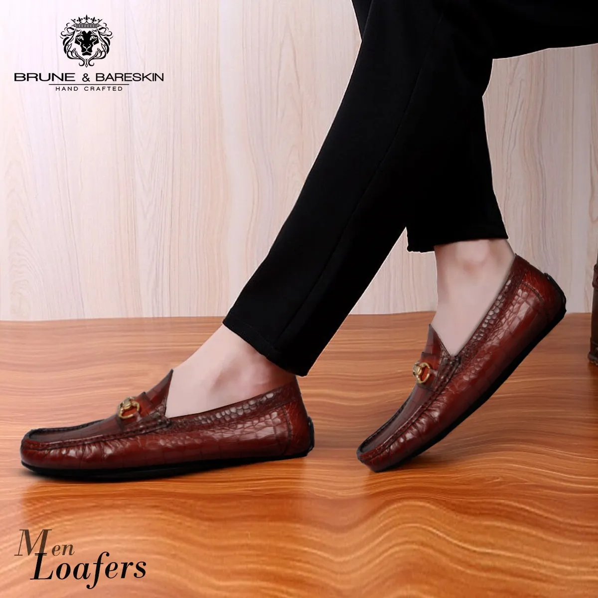 Croco Textured Driver Loafer Shoe in Cognac Leather