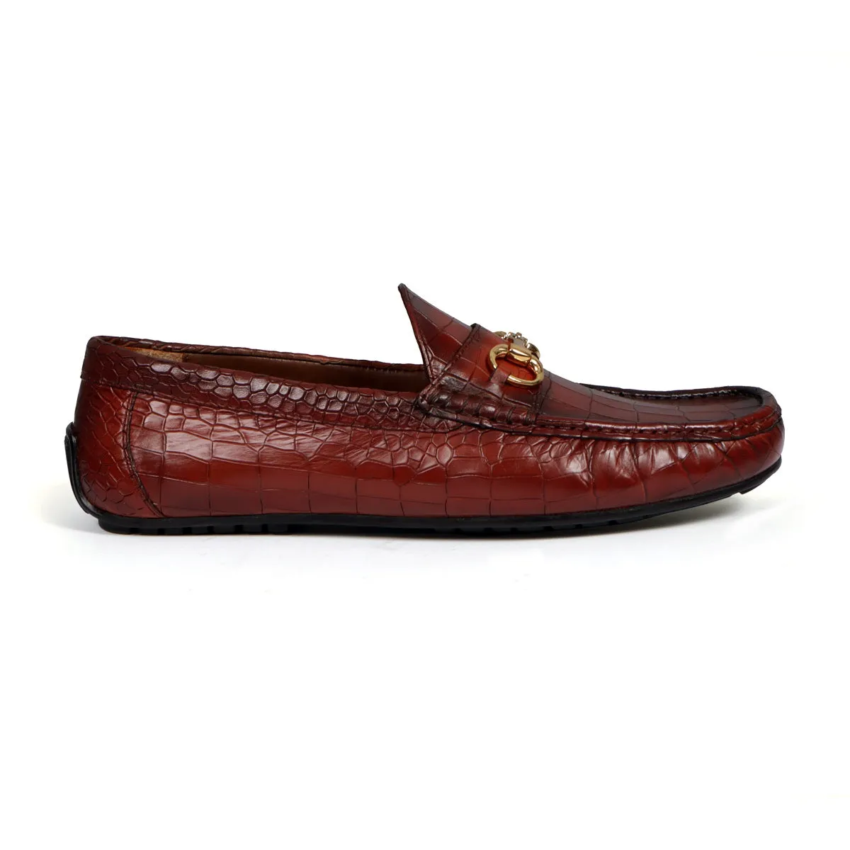 Croco Textured Driver Loafer Shoe in Cognac Leather