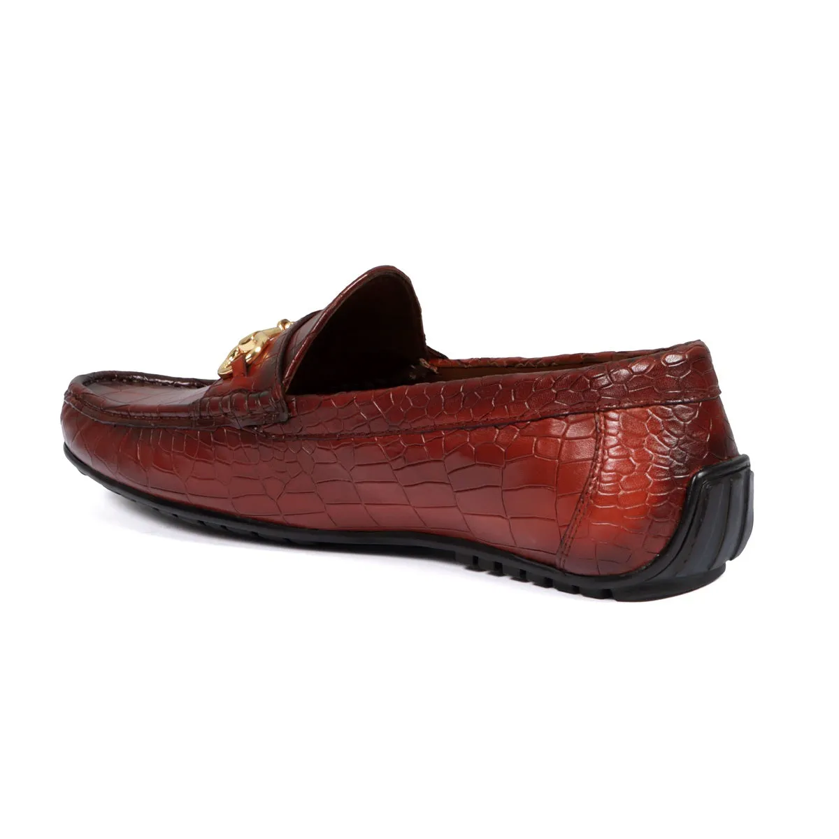 Croco Textured Driver Loafer Shoe in Cognac Leather