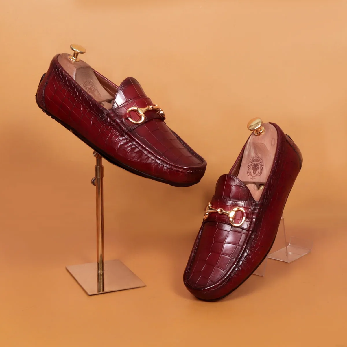 Croco Textured Driver Loafer Shoe in Wine Leather