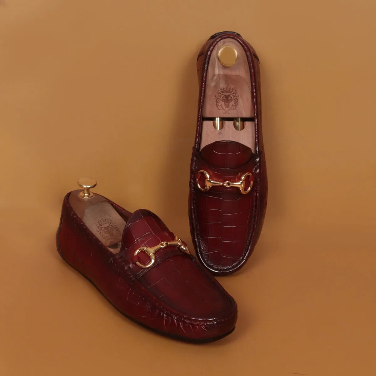 Croco Textured Driver Loafer Shoe in Wine Leather