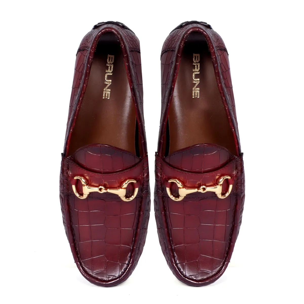 Croco Textured Driver Loafer Shoe in Wine Leather