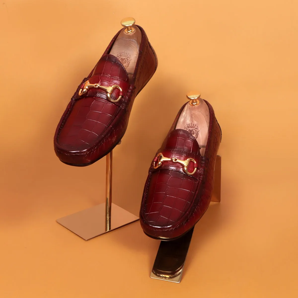 Croco Textured Driver Loafer Shoe in Wine Leather