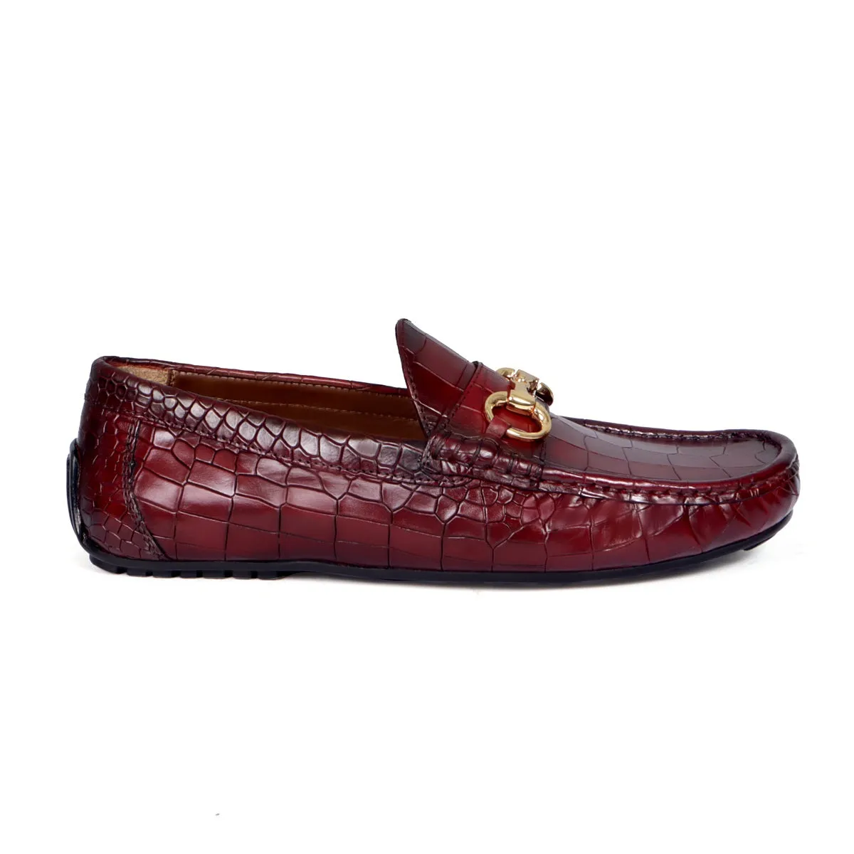 Croco Textured Driver Loafer Shoe in Wine Leather