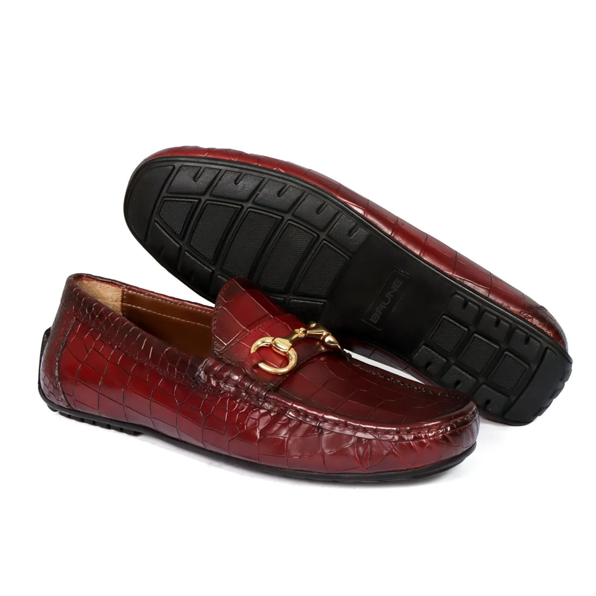 Croco Textured Driver Loafer Shoe in Wine Leather