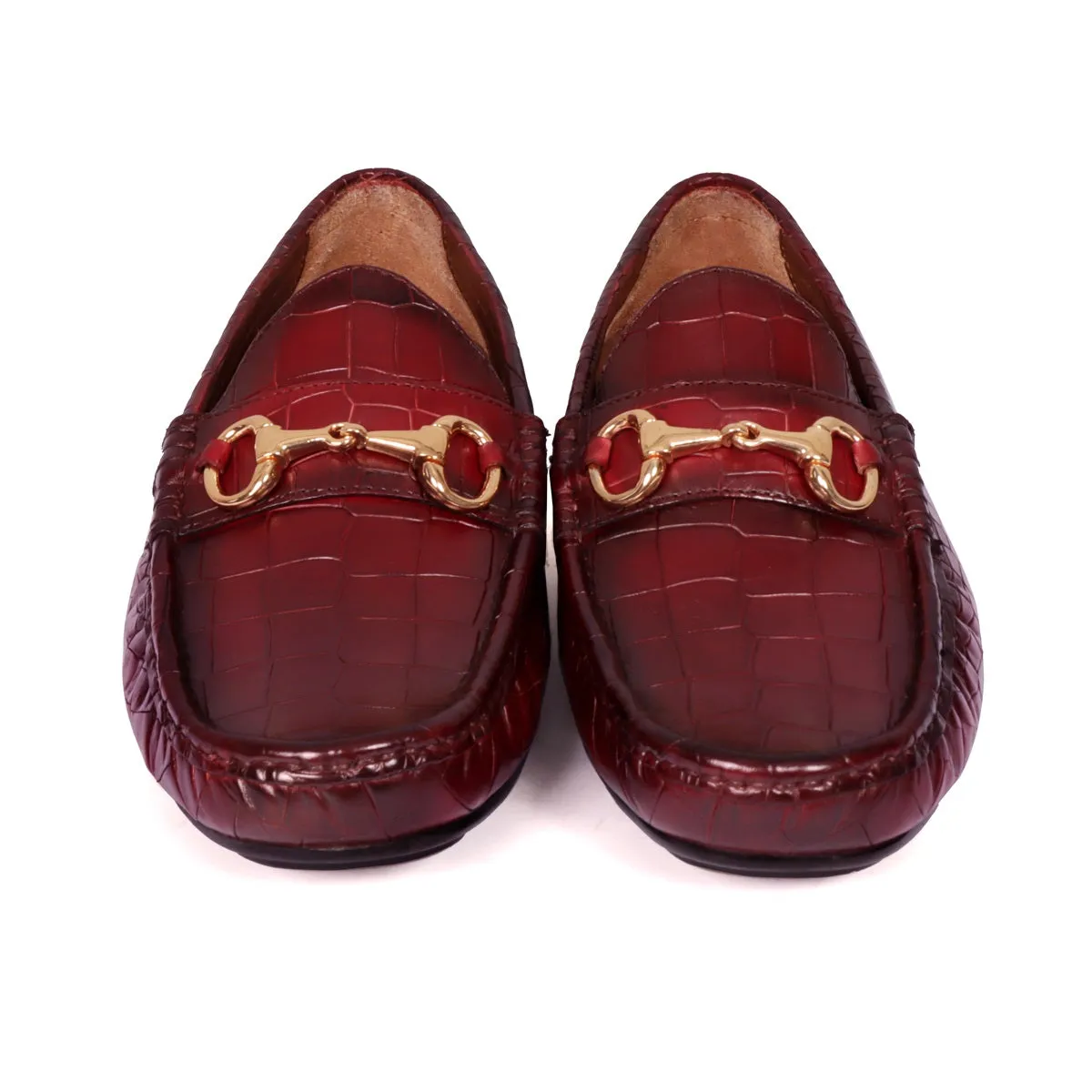 Croco Textured Driver Loafer Shoe in Wine Leather