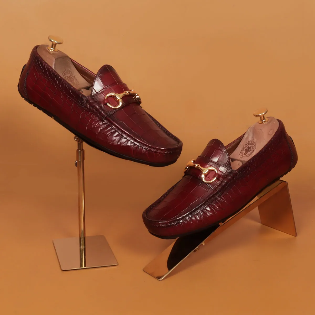 Croco Textured Driver Loafer Shoe in Wine Leather