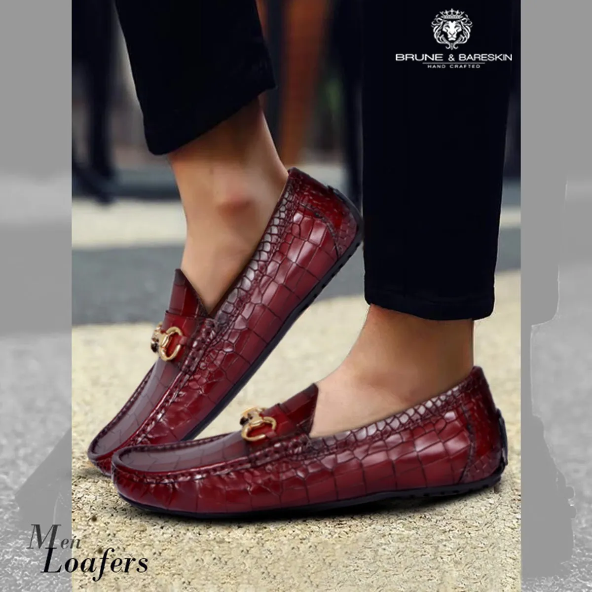 Croco Textured Driver Loafer Shoe in Wine Leather