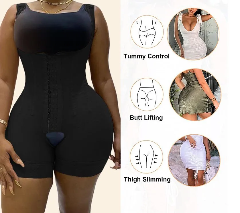 Firm Compression Shapewear Bodysuit with Bones and Hook Eye Closure Tummy Control Adjustable Crotch