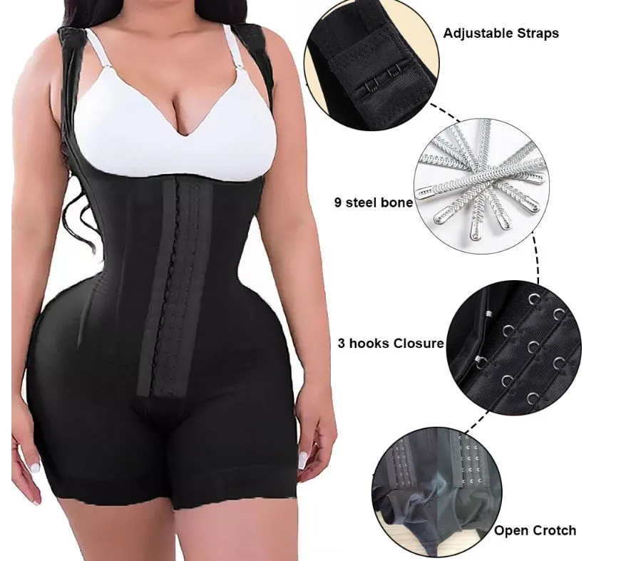 Firm Compression Shapewear Bodysuit with Bones and Hook Eye Closure Tummy Control Adjustable Crotch