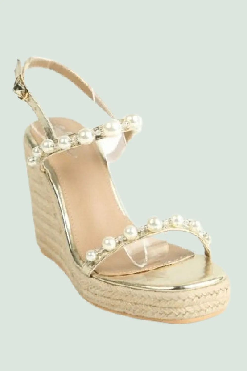 GOLD NAPPA LATTE WEDGE SANDALS WITH PEARLS DETAIL