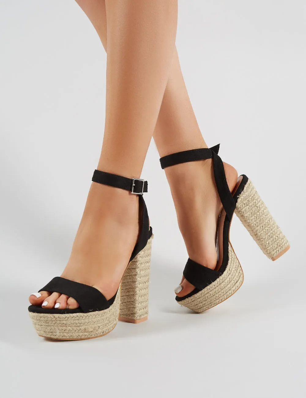 Hanalei Espadrille Block Heels in Black Faux Suede