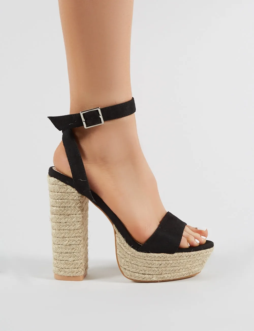 Hanalei Espadrille Block Heels in Black Faux Suede