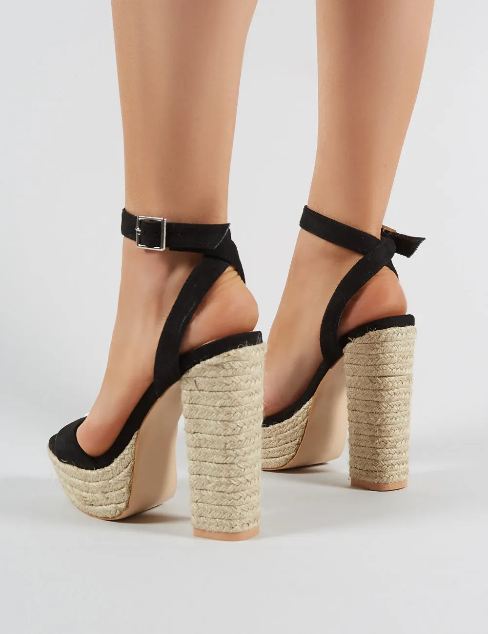 Hanalei Espadrille Block Heels in Black Faux Suede