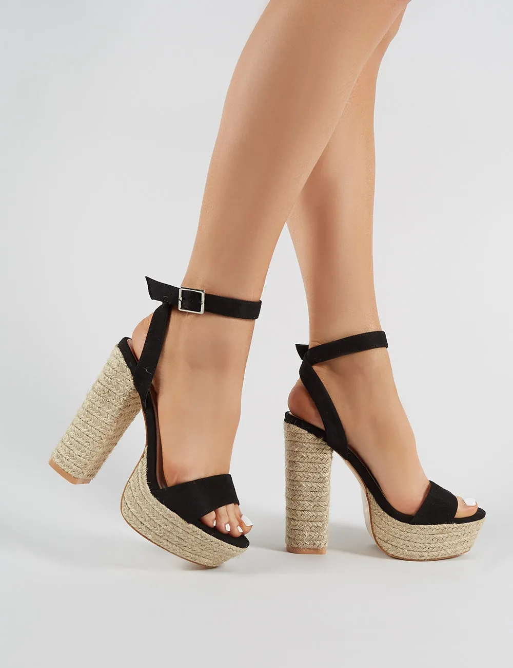 Hanalei Espadrille Block Heels in Black Faux Suede