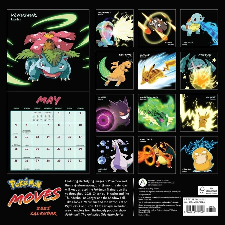 Harry Abrams Pokémon Moves 12x12 2025 Wall Calendar