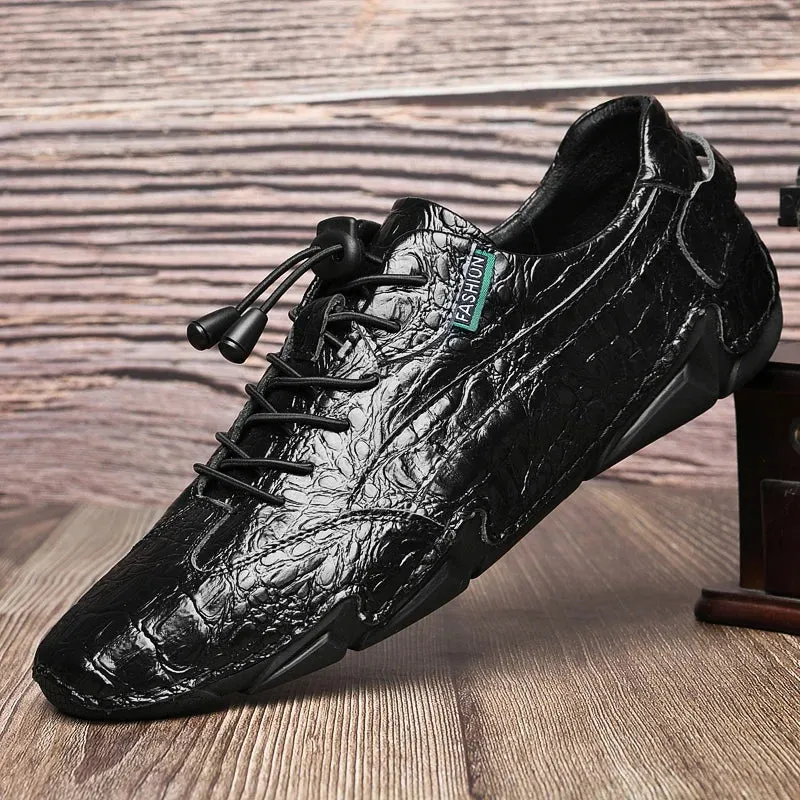 Hnzxzm High-end Men's Leather Shoes Leather Crocodile Pattern Soft-soled Casual Shoes Cowhide Lazy Shoes Non-slip Driving Shoes