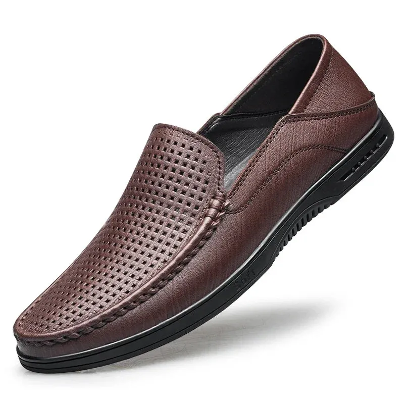 Hnzxzm Men Casual Shoes Luxury Brand Summer Fashion Genuine Leather Mens Loafers Hollow Out Breathable Slip on Driving Flat Shoes