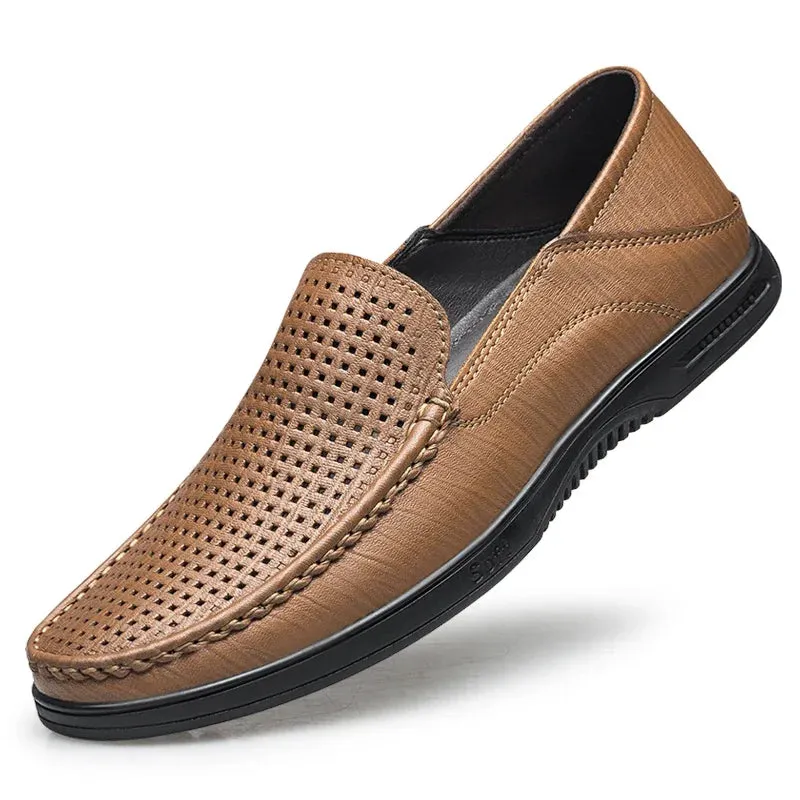 Hnzxzm Men Casual Shoes Luxury Brand Summer Fashion Genuine Leather Mens Loafers Hollow Out Breathable Slip on Driving Flat Shoes