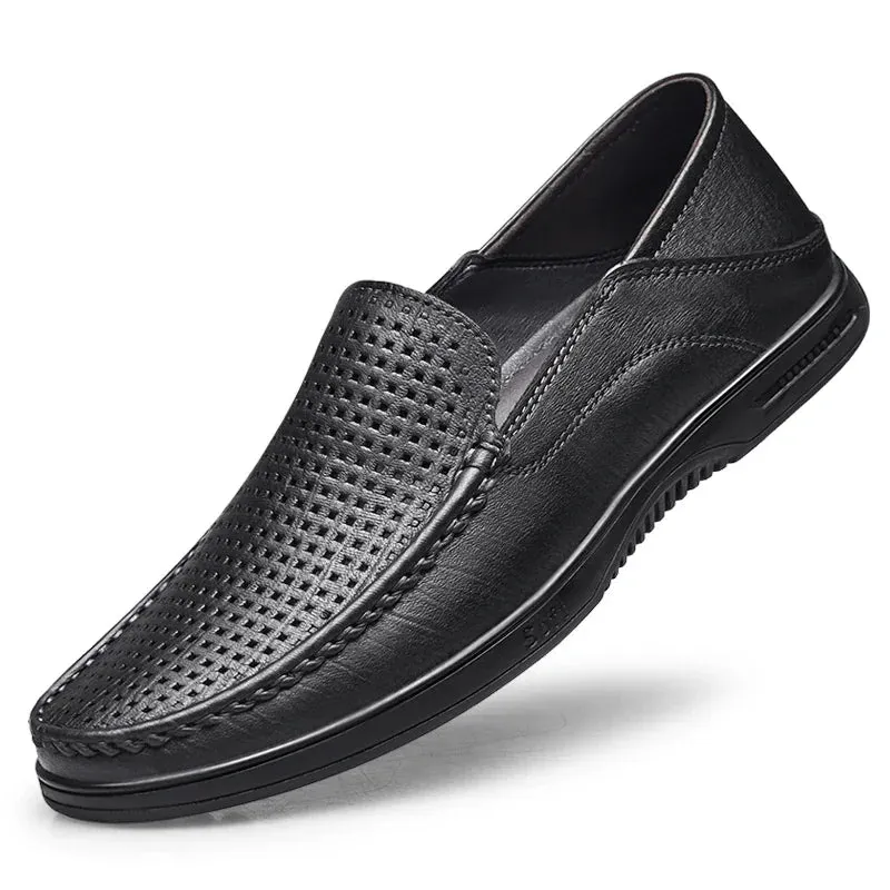 Hnzxzm Men Casual Shoes Luxury Brand Summer Fashion Genuine Leather Mens Loafers Hollow Out Breathable Slip on Driving Flat Shoes