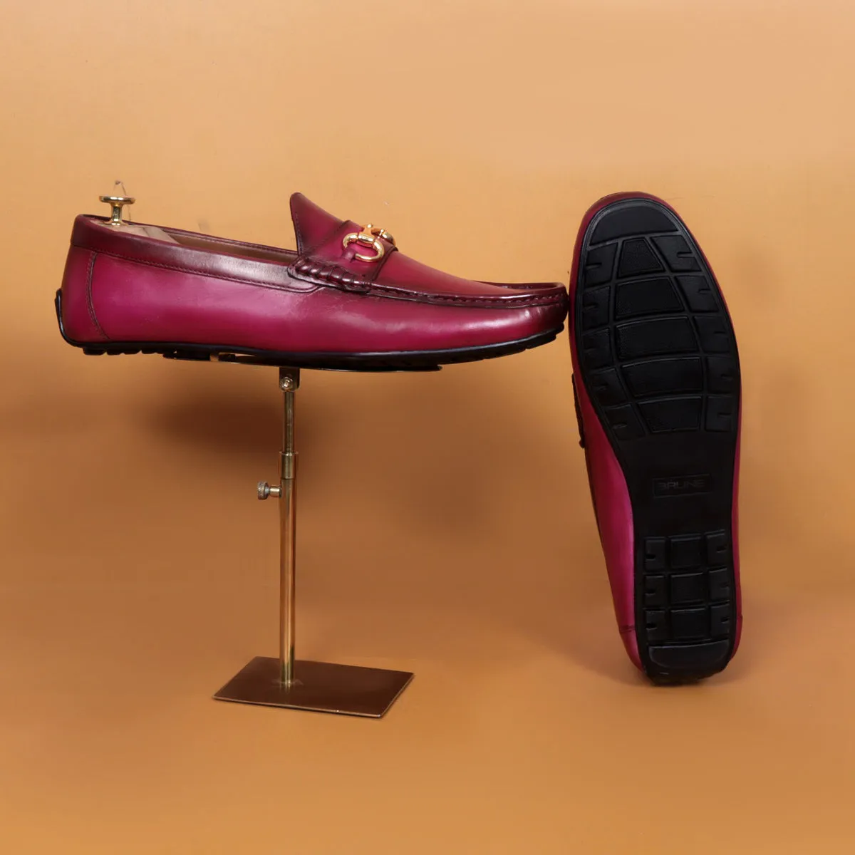 Horse-bit Driving Loafers Shoe in Pink Leather