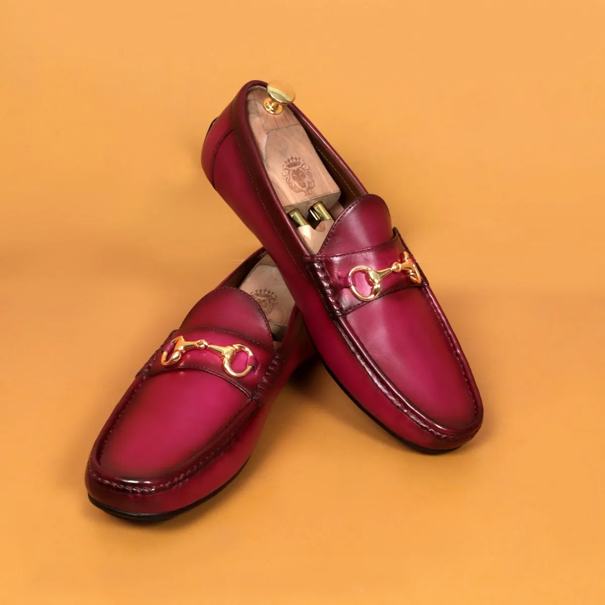 Horse-bit Driving Loafers Shoe in Pink Leather