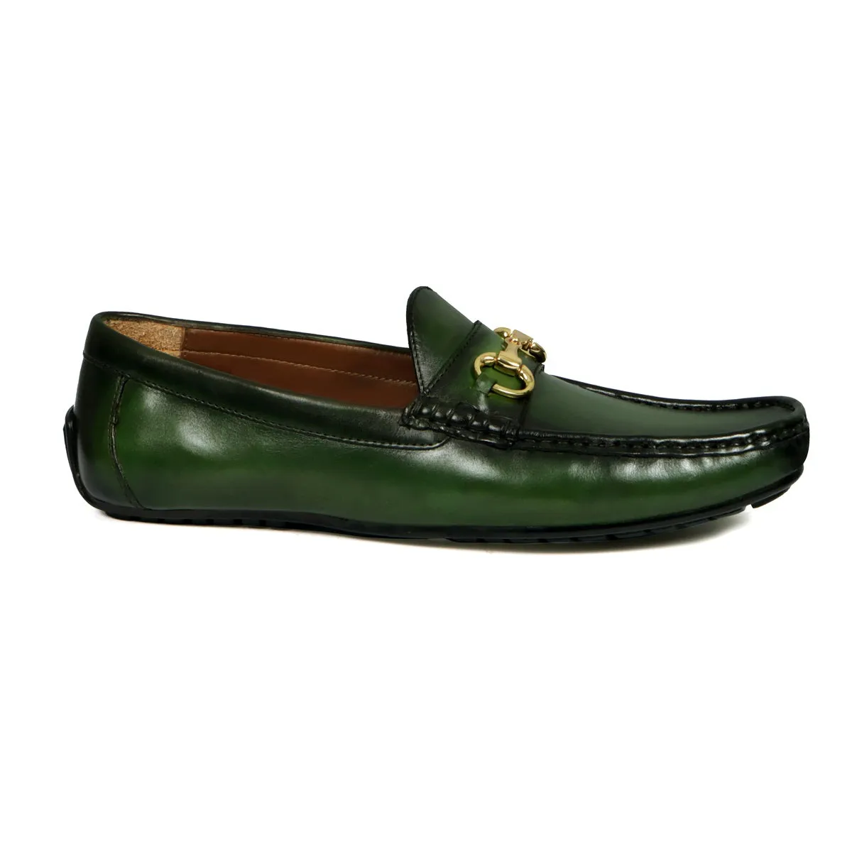 Horsebit Driving Loafers Shoe in Green Leather