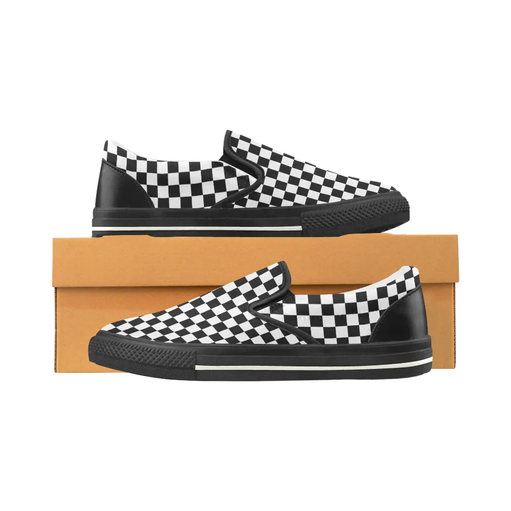 Kids's Classic B/W Checkers Print Canvas Slip-on Shoes